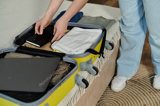 Open suitcase with travel gear and alpine backdrop